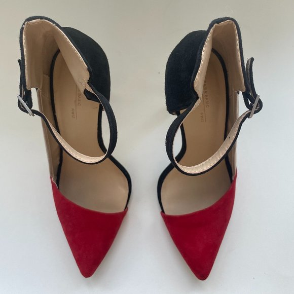 Zara Red Black Tan Suede Colorblock Pointed Heel Strap Sz 6 - Picture 3 of 12